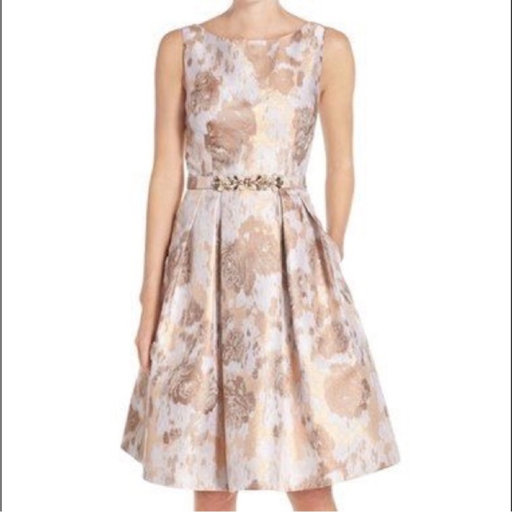 Eliza J | Metallic Gold Dress | Fit & Flare | Belted | Size 4
